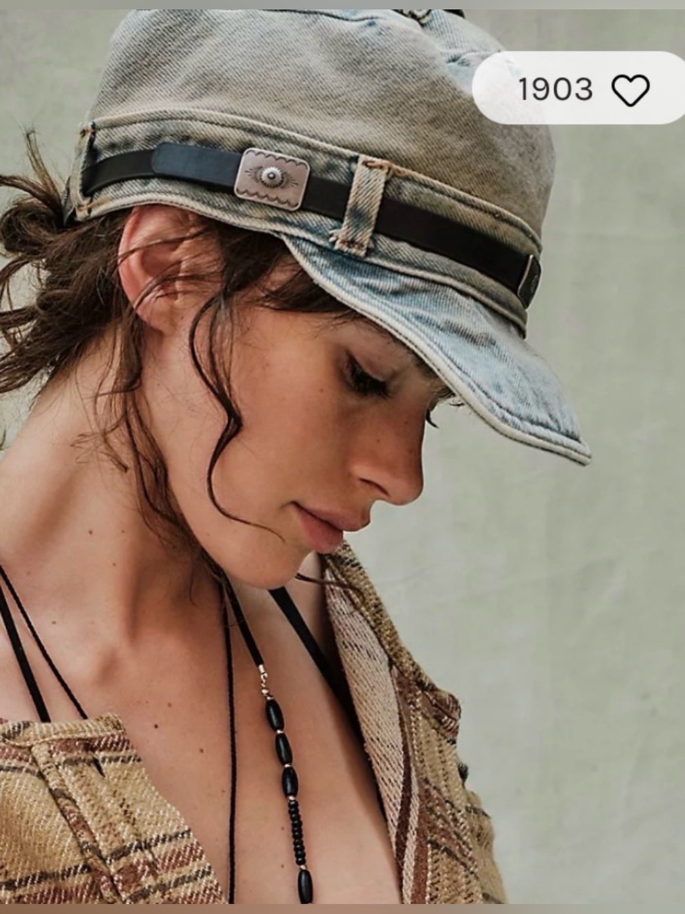 Free People Washed Denim Cadet Hat NWT Western Leather Band Blue OS
